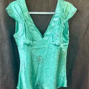 New York & Company Green Blouse with Floral Pattern